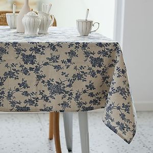 Pastoral Rectangle Tablecloth - 60 x 84 Inch - Linen Fabric Table Cloth - Washable Table Cover with Dust-Proof Wrinkle Resistant for Restaurant, Picnic, Indoor and Outdoor Dining, Floral (Dark Blue)