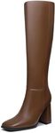 Athlefit Knee High Boots Women Square Toe Chunky Heel Tall Boots Side Zipper High Heel Tan Long boots Size 9