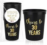 Cheers to 30 Years 16oz Black & Gold Stadium Cups - Set of 12-30th Birthday Party Favors & Decorations, Birthday Cup for Men & Women, 30-Year-Old Birthday Plastic Cups, Perfect Party Supplies