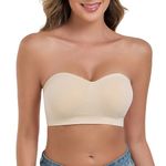 ANGOOL Women's Bandeau Bra Strapless Non-Wired Padded Seamless Multiway Convertible Straps Full Support Non-Slip, Beige, L