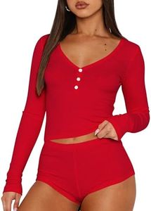 Cioatin Women 2 Piece Ribbed Knit Pajama Set Long Sleeve Button Crop Top and Shorts Lounge Sweatsuits Sleepwear PJ Set, Red, Medium