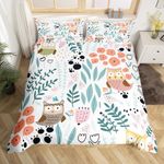 Erosebridal Kawaii Owl Bedding Set,Cartoon Owl Duvet Cover Twin,Cute Love Heart Leaf Flower Comforter Cover for Kids Girls Boys,Paw Print Animals Bed Set with 1 Pillow Case