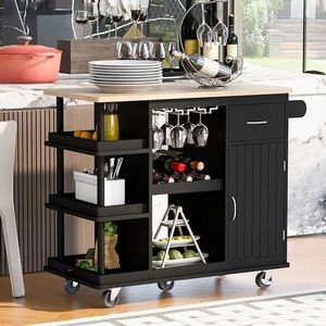 Kitchen Cart Cabinet with Side Storage Shelves,Rolling Mobile Kitchen Island with Drawer & Rubber Wood Top & Wine Rack and Lockable Wheels,Island Table on Wheels for Kitchen Dining Room Bar Black