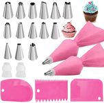 22 Piping Bags and Nozzles Set,14 Stainless Steel Cake Piping Nozzles Tips Kit,with 2Reusable Silicone Pastry Bag, 2Couplers 1Sealing Clip 3 Plastic Scrapers for Decorating Cake DIY Pastries, Cupcakes