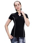 Womink Women's Sports T-Shirt I Elastane Quick Drying & Breathable I Self Design Regular Fit Mandarin Collar V Neck Half Sleeve Tees I Tshirts for Running Yoga Gym Girls & Women (Medium, Black)