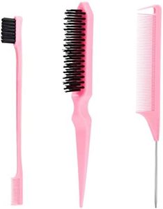 SWEET VIEW Hair Brush Set, 3 Pcs Slick Back Hair Bristle Brush, Rat Tail Comb, Edge Brush for Smoothing Baby Hair & Flyaways - Pink