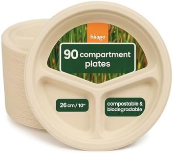 HAAGO 90 Assiettes Jetables en Bagasse de Canne à Sucre - Biodégradable, Écologique & Compostable (3 Compartiments, 26 CM)