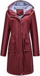 Homgro Women's Hooded Rain Jacket Long Waterproof Raincoat Casual Full Zip Anorak Midi Windbreaker Pockets, Burgundy, 3X-Large