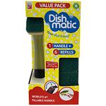 Dishmatic Value Pack Kit – 1x Refillable Washing-Up Liquid Dispensing Handle with 6X Replaceable General-Purpose Sponge Heads – Antibacterial Kitchen Washing-Up Handle with Easy-Grip Handle