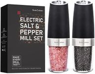 SimCoker Electric Salt and Pepper Grinder Set, Battery Operated Mill Gravity Automatic Operation One Hand, Adjustable Coarseness Powered Mills LED Light, Kitchen Stainless Steel Black Grinders, 2 Pack