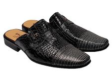 Mens Classic Backless Shoes Snakeskin Effect Real Leather Slip on Half Loafers Mules [ M139-692-GRAY-BLACK-43 ]