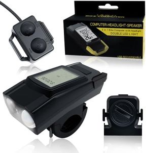 USB Rechargeable Bicycle Light Set, IPX4 Waterproof, Front & Rear LED Lights with Smart Battery Display & Horn Sounds, Night Riding Safety, Integrated Speedometer & Odometer, Bike Computer (Black)