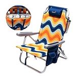 SUNNYFEEL Reclining Beach Chair,Foldable Lightweight Portable Folding Chair with Cup Holders & Padded Pillow, 5-Position,Headrest for Camp/Lawn/Outdoor/Travel/Picnic/Concert