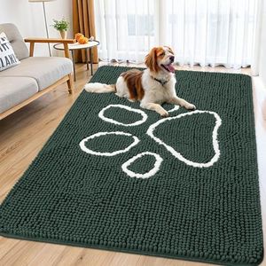 Smiry Dog Door Mat for Muddy Paws, Absorbent Dirt Trapper Non Slip Quick Dry Washable Chenille Mat for Mud Dogs, Entry Rug for Indoor and Outdoor (71x46 Inches, Green and White)