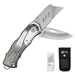 Heavy Duty Folding Utility Knife/Box Cutter/Work Knife Dual Blades Safe Lock-Back with Clip +Nylon Pouch + 5 Replacement SK5 Blades Grey