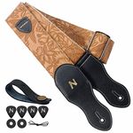 Nefelibata Guitar Strap with Pick Pocket,2.3 inch Porter Style Leather Carving Guitar Straps with Leather Ends,60s Vintage Style（Brown Yellow）