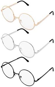 PLAY BLING Metal Frame Round Glasses Set of 3 Clear Lens Large 2 Inches Lightweight Circle Eyeglasses for Women Men Christmas Santa Claus Photo Props