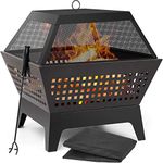 AMAGABELI GARDEN & HOME 24.4Inch Wood Burning Fire Pit for Outside with Spark Screen Lid Poker and Waterproof Cover Square Outdoor Firepit Heavy Duty for Camping Bonfire Patio Party Black