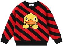 B.Duck Kids Sweater Cute Cartoon Yellow Duck Graphic Printed Crewneck Long Sleeve Knitted Pullover Winter Tops for Unisex Boys Girls Red and Black Striped Size 7-8 Years