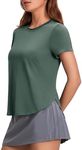 PINSPARK Workout Tops for Women Short Sleeve Workout Shirts UPF 50+ Hiking Tops Loose Fit Gym Shirt Athletic Top Army Green S