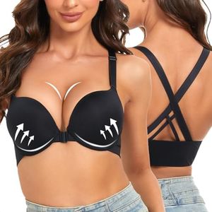 Upushall Women's Push Up Front Closure Bra Thick Padded Seamless Criss-Cross Back Underwire Bra Add Two Cup, Solid Black, 14D