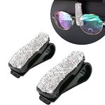 Dewkou 2 PCS Bling Crystal Rhinestones Glasses Holders for Car Sun Visor, Sunglasses Holder Clip Hanger Eyeglasses Mount, Universal Sunglasses Eyeglasses Clip Mount, Ticket （Silver）