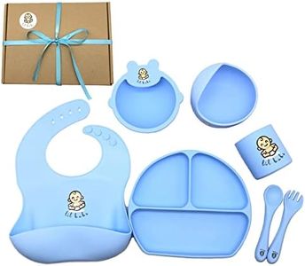 Baby Led Weaning Supplies - Silicone Baby Feeding Set + BONUS Gift Box - 2 Suction Bowl Set, Silicone Bib With Food Catcher, Suction Divided Plate, Cup, Fork, Spoon - |Easy Wipe, Waterproof, Dishwasher & Microwave Safe| (Sky Blue)