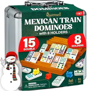 Queensell Mexican Train Dominoes Set Double 15 with 8 Holders - Wooden Hub and Tiles Holders - Double 15 with Dots (D15 + 8 Holders)