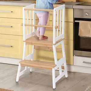 COSYLAND Kids Kitchen Step Stool, Toddler Standing Tower with CPC & FSC Certification, Removable Anti-Drop Railing Safety Rail Enjoys Unique Patented Design A Anti-tip Stable Structure Natural & White