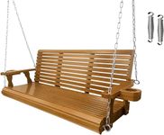 Wooden Porch Swing 3-Seater, Bench Swing with Cupholders, Hanging Chains and 7mm Springs, Heavy Duty 880 LBS, for Outdoor Patio Garden Yard, Cedar Tone-5 feet Extra Large