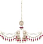 EVY Full Mirror Style Huge Fancy Gold Plated Traditional Earring With Mangtikka for Women | Perfect for Gift & Suitable for All Occasion (Wine)