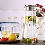 shreenath craft 1300 ml Glass Iced Tea Pitcher with Stainless Steel Strainer Lid, Hot/Cold Water Jug, Juice Beverage Carafe