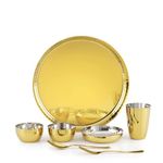 iRin by Dr.WaterR Stainless Steel Diamond Gold PVD Dinner Set Ideal for Home Kitchen Restaurant Gifting Wedding Parivar Set 1 Plate/Thali 2 Bowl 1 Plate 1 Glass 1 Spoon 1 Fork Pack of 7 (Gold)