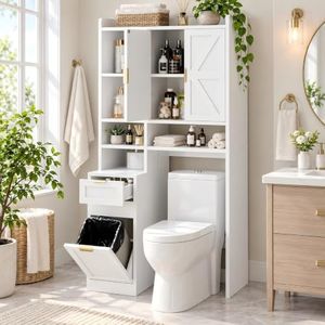 Einhomn Over the Toilet Storage Cabinet with Hidden Odor-Proof Trash Can&Toilet Paper Holder Combo–10 Storage Spaces, All-in-One Bathroom Rack for Bathroom, Laundry, White
