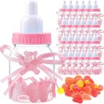 MINGZE 24pcs Candy Bottle Baby Shower, Mini Gift Box Fillable Feeder Style with Bear for Party Favors Holy Communion Supplies Boy Girl Newborn Infant Baptism Christening Birthday Decoration (Pink)