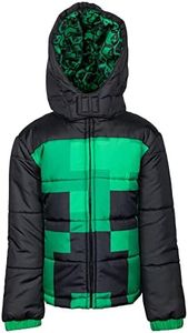 Minecraft Creeper Big Boys Zip Up Winter Coat Puffer Jacket Black/Green 14-16