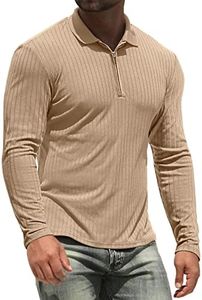 NITAGUT Golf Shirts for Men Long Sleeve Performance Muscle Stretch Zip Polo Shirt Beige, Small