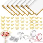 118Pcs Flower Bouquet Wrapping Paper Kits, 30 Sheets White Christmas Waterproof Floral Wrapping Paper 2 Rolls Ribbon 36 Gold Butterfly 50 Flower Pins for Gift Wrapping