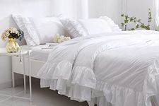 Meaning4 White Twin Duvet Cover with Ruffles and Lace Egypt Cotton 68x90 Inch 1 Pieces Solid