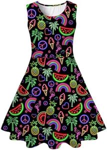 uideazone Girls Neon Watermelon Dress Glow Party Size 10-12 A-Line Party Dress 3D Hawaiian Neon Palm Beach Sundress for Casual Dance 10-12 Years