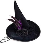 Skeleteen Deluxe Pointed Witch Hat - Glamorous Black Witches Accessories Fancy Velvet Hat with Flowers, Beads and Purple Feathers