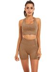 Toplook Women Seamless Yoga Workout Set 2 Piece Outfits Gym Shorts Sports Bra, Brown, Medium