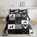 Deer Antler Silhouette Kids Comforter Set Full Size,Geometric Plaids Arrows Boho Bedding Set,Wild Animals Hunting Rustic Adventure Comforter,Camo Black Grey Quilt Set for Boys Girls Room Decor