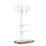 FITUEYES White TV Stand on Wheels with 20mm Wood Base for 32-70 Inch TV, Tall Mobile TV Stand Trolley with 60° Swivel & 6 Height Adjustable & 3 Shelves, Max. VESA 600x400mm Holds 40kg