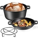 2-IN-1 Pre-seasoned Cast Iron Camp Dutch Oven (5qt Pot & 2qt Lid), Joyfair Non-stick Cookware & Skillet Lid Set with Stand Rack, For Roasting Stewing Meat Baking Sourdough Bread, Indoor & Outdoor Use