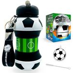 FUNKITZ Football Water Bottle - Collapsible Silicone Water Bottle with Carry Strap, Football Keyring, Spout Cleaning Brush - 550ml - Football Gifts for Boys, and Girls