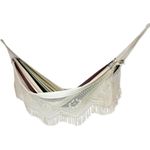 NOVICA Dark Green Brown White Stripe 2 Person Cotton Brazilian Hammock with White Crochet Fringe, 'Joyous Earth' (Double)