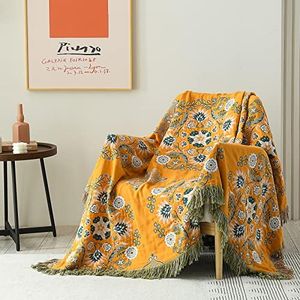 SahSahCasa 100% Cotton Throw Blanket Queen Size, Bohemian Blanket for Couch Bed Sofa Chair, Queen Size Boho Muslin Bed Blanket, Floral Reversible Soft Oversized Blanket, Mustard Yellow, 90x98 Inch