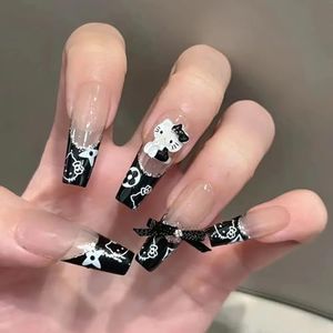 24 PCS Press on Nails French Fake Nails Black 3D Kitty Cat Fake Nails Bow Fake Nails Long Fake Nails Gifts for Women and Girls (No.115)