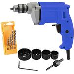 MLD Multifunction pistol grip metal body 10mm electric reverse forward drill machine With 5 Pcs HSS Drill Bit set and 6 Pcs Hole saw cutter for Home Use